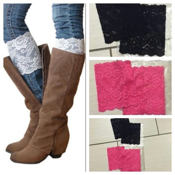 2 Pairs Pink & Black Lace Boot Cuff Leg Warmers - Picture 1 of 3