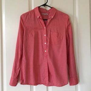 Long-sleeved coral/pink/red button down shirt