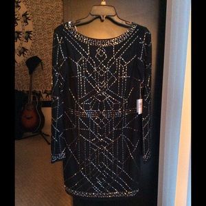 Sheer Beaded V Back Cocktail Dress