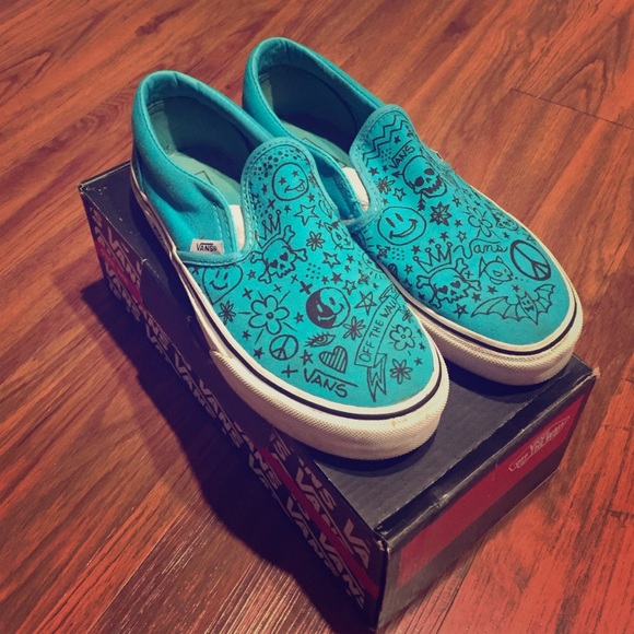 Teal doodle slip on vans