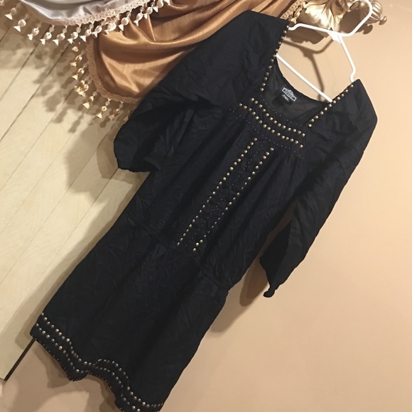 Angie quarter sleeve black dress with gold accents