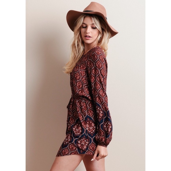 SALE✨Boho Printed Lace Up Long Sleeve Dress - Rust - Picture 2 of 4
