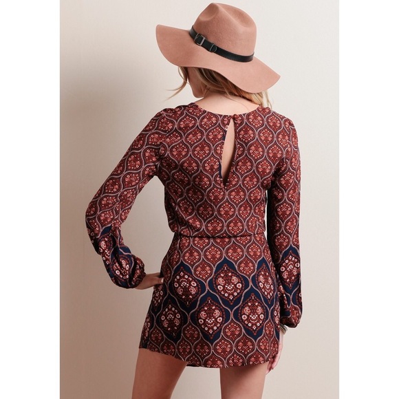 SALE✨Boho Printed Lace Up Long Sleeve Dress - Rust - Picture 3 of 4