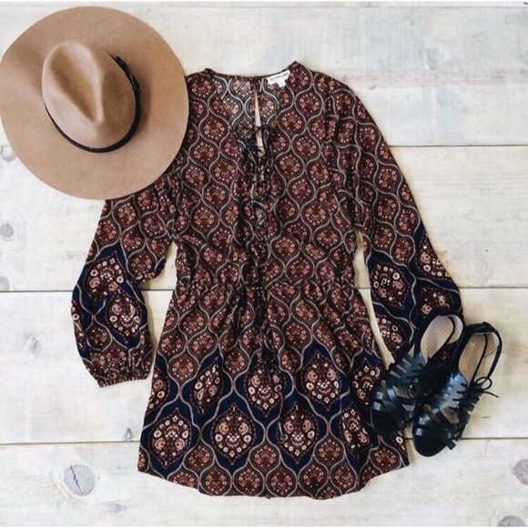 SALE✨Boho Printed Lace Up Long Sleeve Dress - Rust - Picture 4 of 4