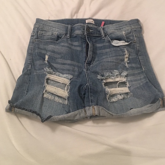 Sneak peek high waisted distressed shorts