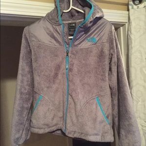 Gray hooded Northface fluffy fleece with Aqua