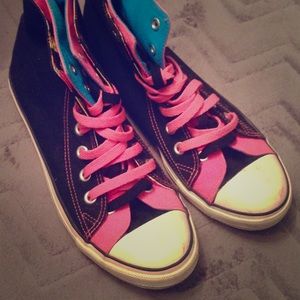 Black, blue, pink high tops sneakers
