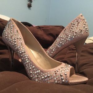 Rhinestone canvas peep toe heel