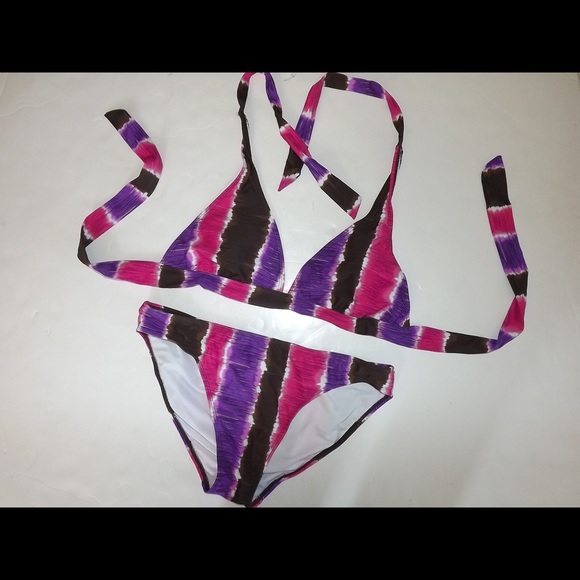 Brown Pink Purple Striped Bikini Size L 12/14