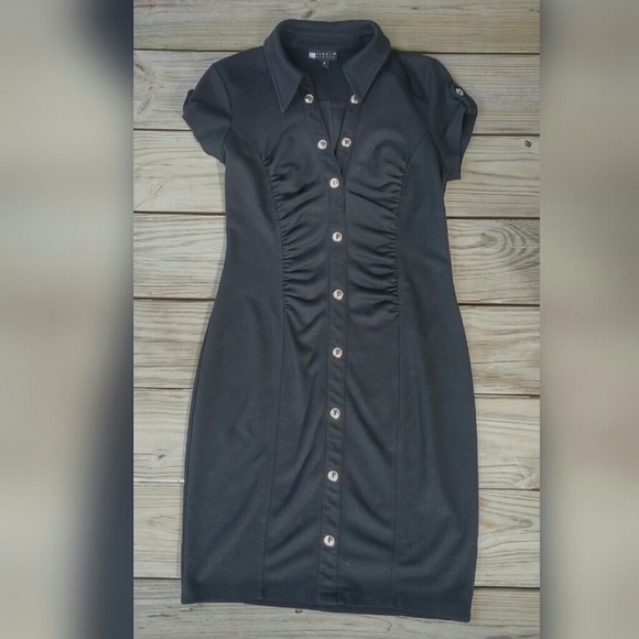 Black Dress Ruched Detail & Silver Buttons