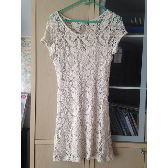 Crocheted cream lace dress with satin slip