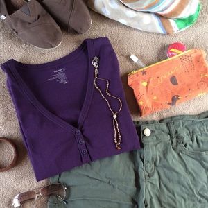 Purple 3/4 Sleeve Knit Henley-Style Shirt Size Large