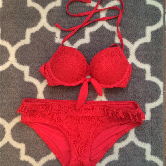 Aerie Red Lace Push Up Bathin Suit