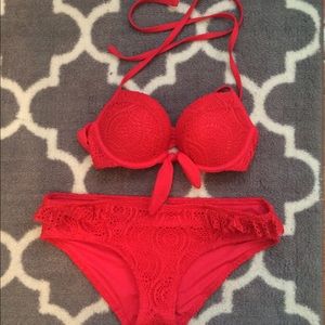Aerie Red Lace Push Up Bathin Suit