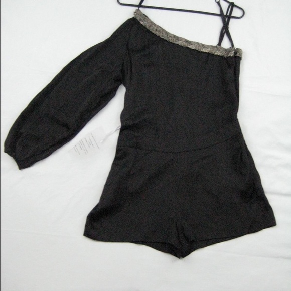 BEBE Wild Horses One Shoulder Embellished Romper