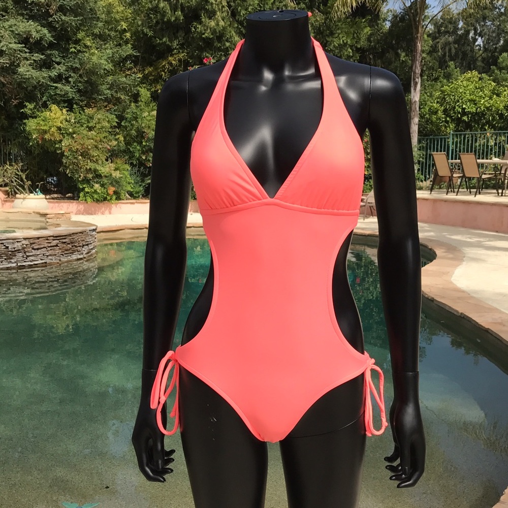 Bright Coral Halter Style Monokini Swimsuit - Picture 3 of 8