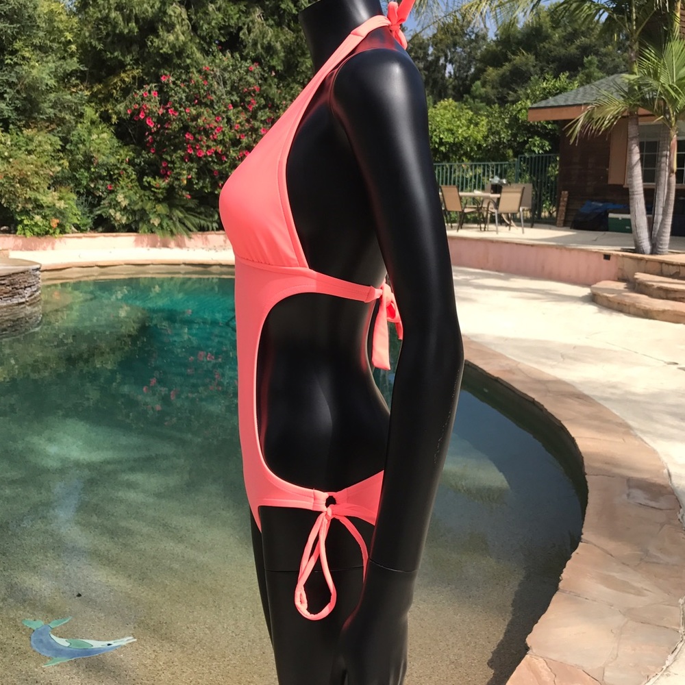 Bright Coral Halter Style Monokini Swimsuit - Picture 4 of 8