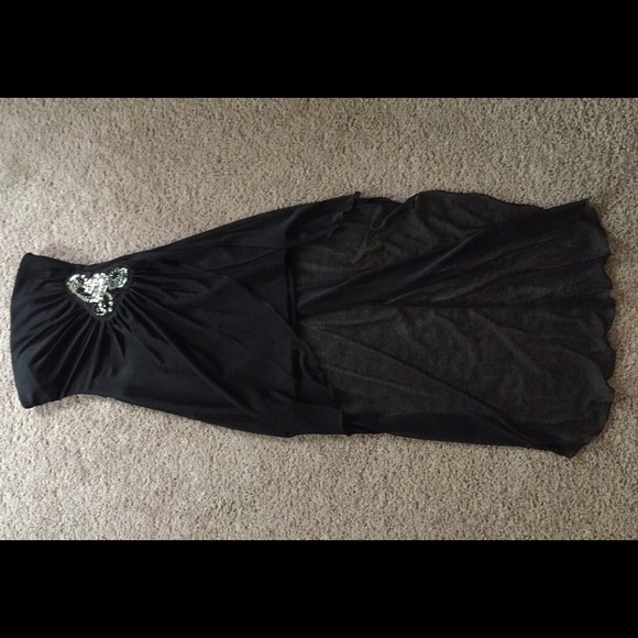 Black with embellishments, body con high low dress