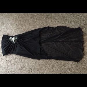 Black with embellishments, body con high low dress