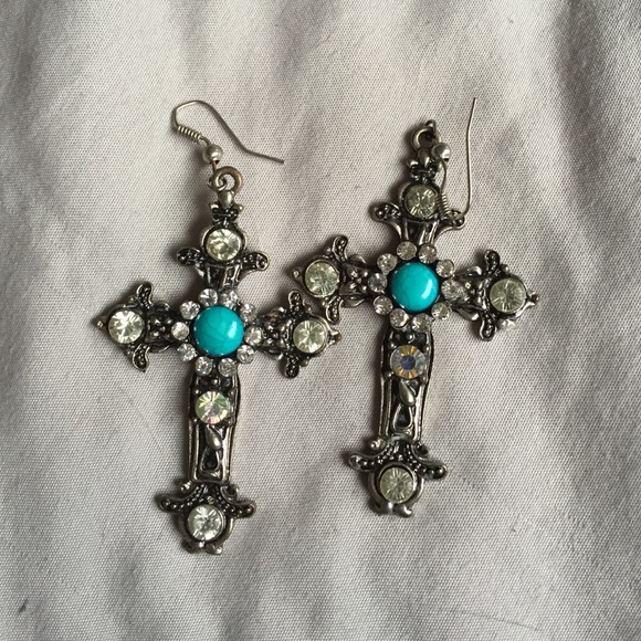 Turquoise accented hanging cross earrings - Picture 1 of 3