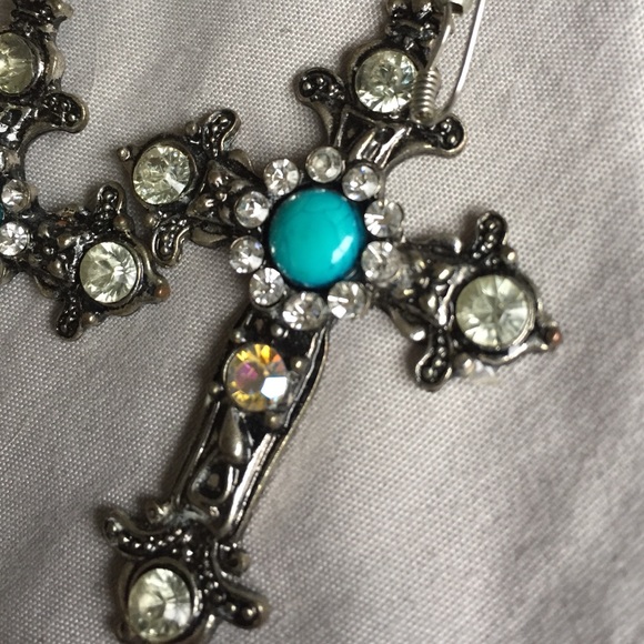 Turquoise accented hanging cross earrings - Picture 2 of 3