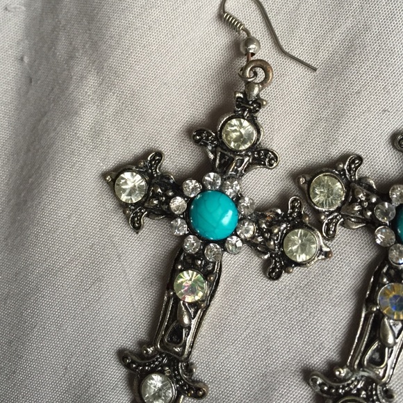 Turquoise accented hanging cross earrings - Picture 3 of 3