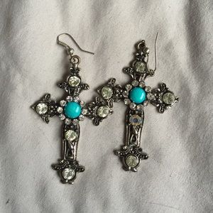 Turquoise accented hanging cross earrings