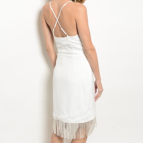 Ivory Faux Wrap Front Dress + Fringe Hem - Picture 3 of 3