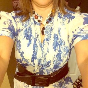 Blue and white floral blouse