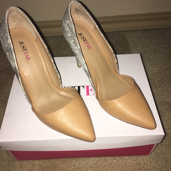 Tan front with snake skin back heels
