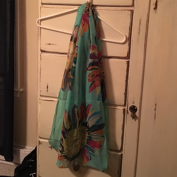 Blue Infinity Scarf with Rainbow Flowers Worn Once