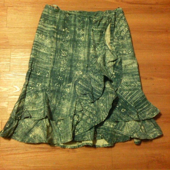 Ralph Lauren Blue Ivory Ruffle Wrap Skirt Linen