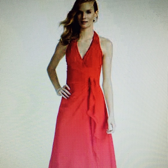 David's Bridal Cherry Crinkle Chiffon Halter Gown