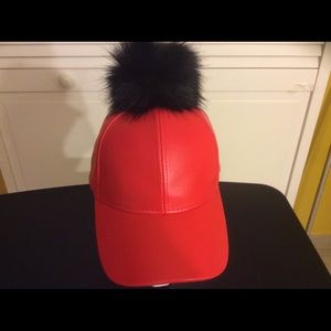 Red vegan leather baseball cap black fur Pom Pom