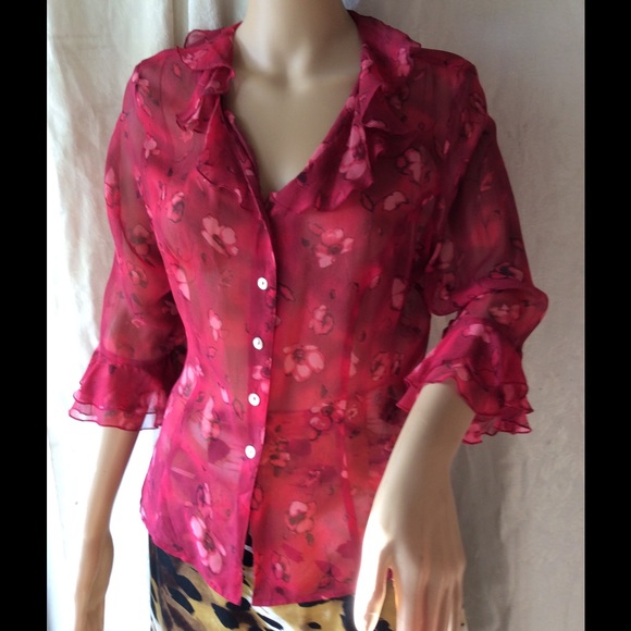 TESS S 10 sheer silk blouse w Ruffles 3/4 sleeves