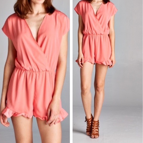 Coral short sleeve Ruffled romper - Picture 2 of 4