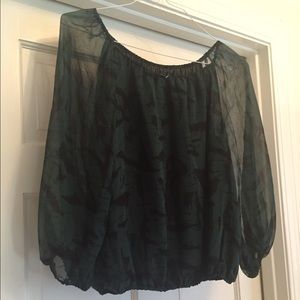 Green top with sheer sleeves.