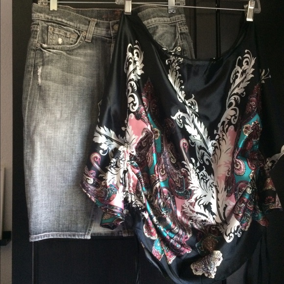 7 for all Mankind jean skirt & satin blouse