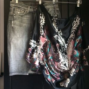 7 for all Mankind jean skirt & satin blouse