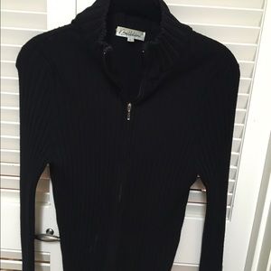 Black Fitted Ribknit Zip-up Sweater