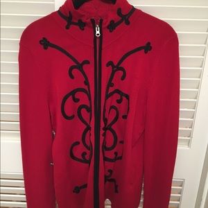 Red Zip Up Sweater with Black Soutache