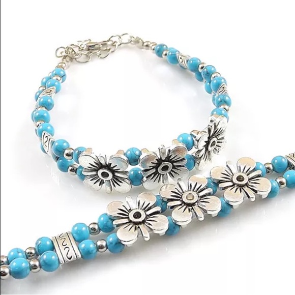 Tibet Silver turquoise jade bead bracelet. New