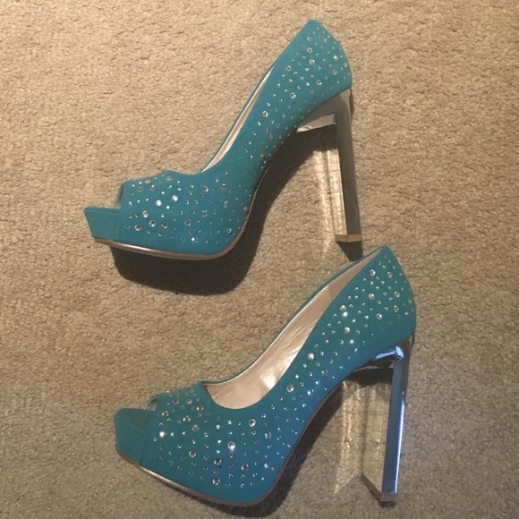 Shoes - Teal Rhinestone Suede Stilettos 8