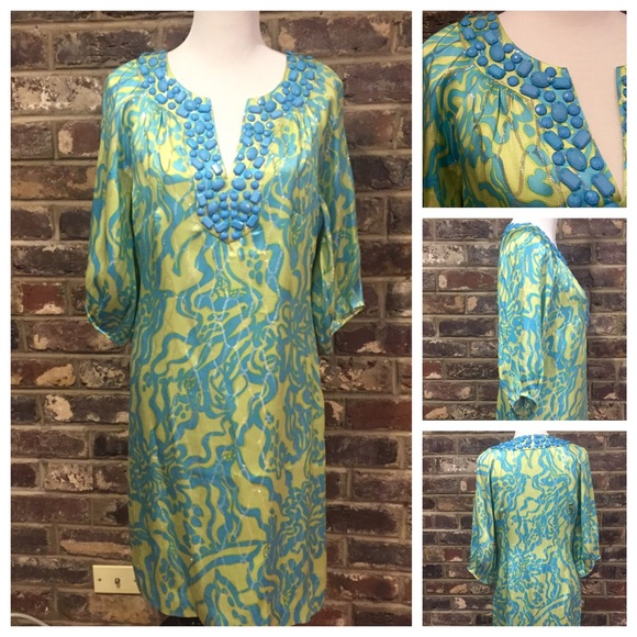 Lilly Pulitzer Blue and Green Silk Seamus Dress