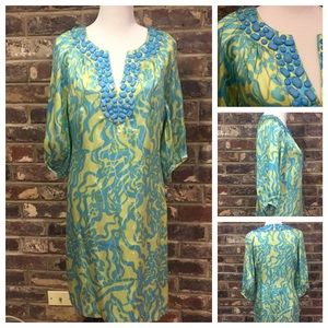 Lilly Pulitzer Blue and Green Silk Seamus Dress