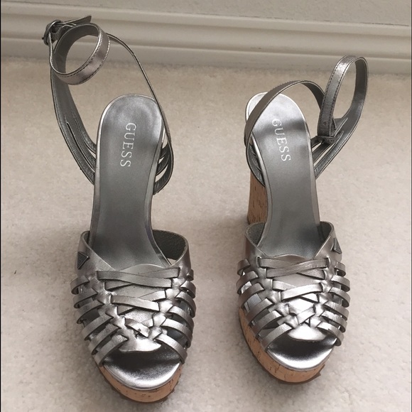 Guess Shoes - Guess Metallic Silver Cork Wedge Heel Sandal