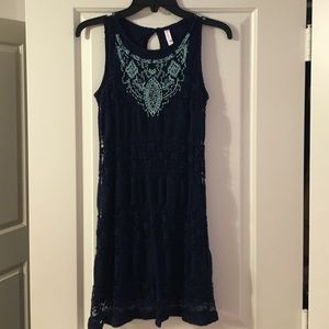 short navy blue dress w/ light blue floral design