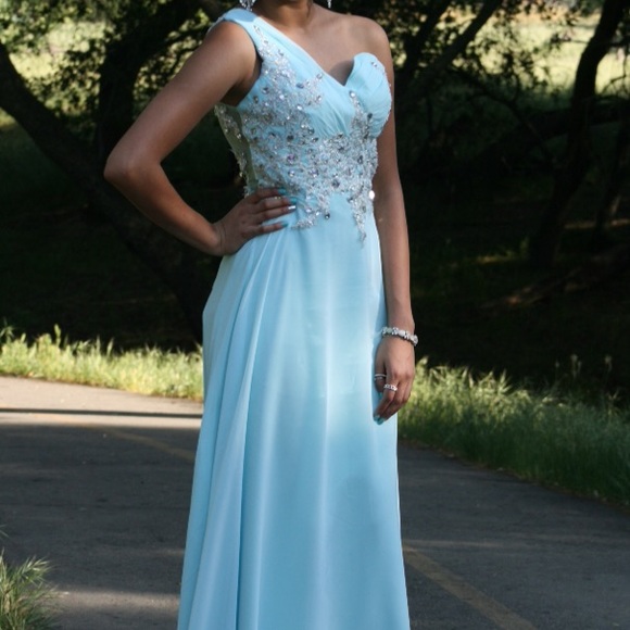 Light Blue One Strap Prom Dress - Picture 3 of 4