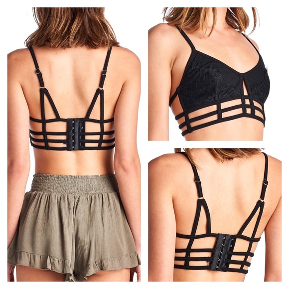 Black Cage Strappy Black Bralette with Lace Detail - Picture 3 of 4