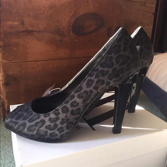 Westies Gray Leopard Print Black Peep - Toe Heels